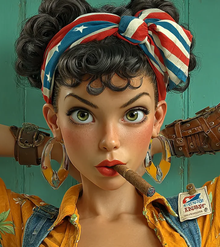 HavAnnA Anna, hands behind her head, a cigar in her lips and a striped bandana in her curls, against a teal clapboard wall