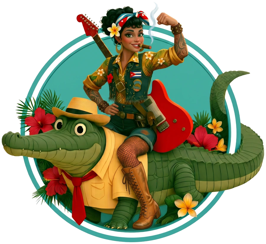 HavAnnA Cafe Season 5 logo: Tank Gurl Anna in a Cuban-flag bandana, cigar lit, red guitar on her back, riding her straw-hatted alligator
